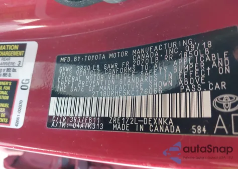 2019 Toyota Corolla Le из США, поврежденный, VIN 2T1BURHE5KC176066